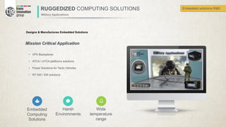 RUGGEDIZED COMPUTING SOLUTIONS
Military Applications
Designs & Manufactures Embedded Solutions
Embedded
Computing
Solutions
Harsh
Environments
Wide
temperature
range
Mission Critical Application
• VPX Backplanes
• ATCA / mTCA platforms solutions
• Power Solutions for Tactic Vehicles
• RT HW / SW solutions
Embedded solutions R&D
 