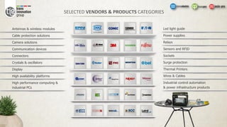 SELECTED VENDORS & PRODUCTS CATEGORIES
Antennas & wireless modules
Cable protection solutions
Camera solutions
Communication devices
Connectors
Crystals & oscillators
Display
High availability platforms
High performance computing &
industrial PCs
Led light guide
Power supplies
Relays
Sensors and RFID
Sockets
Surge protection
Thermal Printers
Wires & Cables
Industrial control automation
& power infrastructure products
 