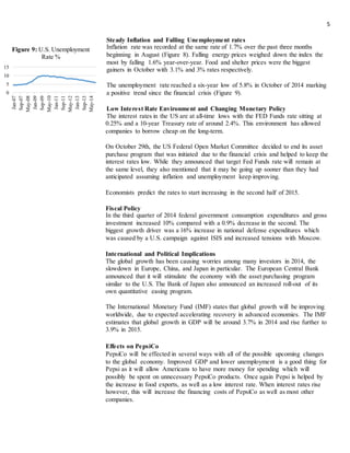 5
Steady Inflation and Falling Unemployment rates
Inflation rate was recorded at the same rate of 1.7% over the past three months
beginning in August (Figure 8). Falling energy prices weighed down the index the
most by falling 1.6% year-over-year. Food and shelter prices were the biggest
gainers in October with 3.1% and 3% rates respectively.
The unemployment rate reached a six-year low of 5.8% in October of 2014 marking
a positive trend since the financial crisis (Figure 9).
Low Interest Rate Environment and Changing Monetary Policy
The interest rates in the US are at all-time lows with the FED Funds rate sitting at
0.25% and a 10-year Treasury rate of around 2.4%. This environment has allowed
companies to borrow cheap on the long-term.
On October 29th, the US Federal Open Market Committee decided to end its asset
purchase program that was initiated due to the financial crisis and helped to keep the
interest rates low. While they announced that target Fed Funds rate will remain at
the same level, they also mentioned that it may be going up sooner than they had
anticipated assuming inflation and unemployment keep improving.
Economists predict the rates to start increasing in the second half of 2015.
Fiscal Policy
In the third quarter of 2014 federal government consumption expenditures and gross
investment increased 10% compared with a 0.9% decrease in the second. The
biggest growth driver was a 16% increase in national defense expenditures which
was caused by a U.S. campaign against ISIS and increased tensions with Moscow.
International and Political Implications
The global growth has been causing worries among many investors in 2014, the
slowdown in Europe, China, and Japan in particular. The European Central Bank
announced that it will stimulate the economy with the asset purchasing program
similar to the U.S. The Bank of Japan also announced an increased roll-out of its
own quantitative easing program.
The International Monetary Fund (IMF) states that global growth will be improving
worldwide, due to expected accelerating recovery in advanced economies. The IMF
estimates that global growth in GDP will be around 3.7% in 2014 and rise further to
3.9% in 2015.
Effects on PepsiCo
PepsiCo will be effected in several ways with all of the possible upcoming changes
to the global economy. Improved GDP and lower unemployment is a good thing for
Pepsi as it will allow Americans to have more money for spending which will
possibly be spent on unnecessary PepsiCo products. Once again Pepsi is helped by
the increase in food exports, as well as a low interest rate. When interest rates rise
however, this will increase the financing costs of PepsiCo as well as most other
companies.
0
5
10
15
Jan-07
Sep-07
May-08
Jan-09
Sep-09
May-10
Jan-11
Sep-11
May-12
Jan-13
Sep-13
May-14
Figure 9: U.S. Unemployment
Rate %
 