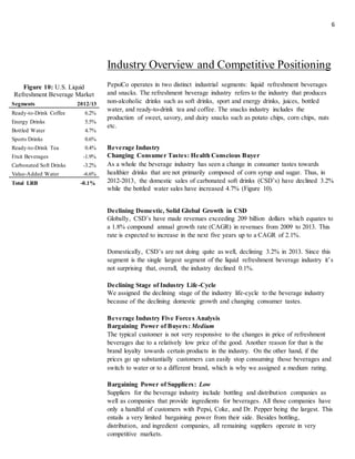 6
Industry Overview and Competitive Positioning
PepsiCo operates in two distinct industrial segments: liquid refreshment beverages
and snacks. The refreshment beverage industry refers to the industry that produces
non-alcoholic drinks such as soft drinks, sport and energy drinks, juices, bottled
water, and ready-to-drink tea and coffee. The snacks industry includes the
production of sweet, savory, and dairy snacks such as potato chips, corn chips, nuts
etc.
Beverage Industry
Changing Consumer Tastes: Health Conscious Buyer
As a whole the beverage industry has seen a change in consumer tastes towards
healthier drinks that are not primarily composed of corn syrup and sugar. Thus, in
2012-2013, the domestic sales of carbonated soft drinks (CSD’s) have declined 3.2%
while the bottled water sales have increased 4.7% (Figure 10).
Declining Domestic, Solid Global Growth in CSD
Globally, CSD’s have made revenues exceeding 209 billion dollars which equates to
a 1.8% compound annual growth rate (CAGR) in revenues from 2009 to 2013. This
rate is expected to increase in the next five years up to a CAGR of 2.1%.
Domestically, CSD’s are not doing quite as well, declining 3.2% in 2013. Since this
segment is the single largest segment of the liquid refreshment beverage industry it’s
not surprising that, overall, the industry declined 0.1%.
Declining Stage of Industry Life-Cycle
We assigned the declining stage of the industry life-cycle to the beverage industry
because of the declining domestic growth and changing consumer tastes.
Beverage Industry Five Forces Analysis
Bargaining Power of Buyers: Medium
The typical customer is not very responsive to the changes in price of refreshment
beverages due to a relatively low price of the good. Another reason for that is the
brand loyalty towards certain products in the industry. On the other hand, if the
prices go up substantially customers can easily stop consuming those beverages and
switch to water or to a different brand, which is why we assigned a medium rating.
Bargaining Power of Suppliers: Low
Suppliers for the beverage industry include bottling and distribution companies as
well as companies that provide ingredients for beverages. All those companies have
only a handful of customers with Pepsi, Coke, and Dr. Pepper being the largest. This
entails a very limited bargaining power from their side. Besides bottling,
distribution, and ingredient companies, all remaining suppliers operate in very
competitive markets.
Figure 10: U.S. Liquid
Refreshment Beverage Market
Segments 2012/13
Ready-to-Drink Coffee 6.2%
Energy Drinks 5.5%
Bottled Water 4.7%
Sports Drinks 0.6%
Ready-to-Drink Tea 0.4%
Fruit Beverages -1.9%
Carbonated Soft Drinks -3.2%
Value-Added Water -6.6%
Total LRB -0.1%
 