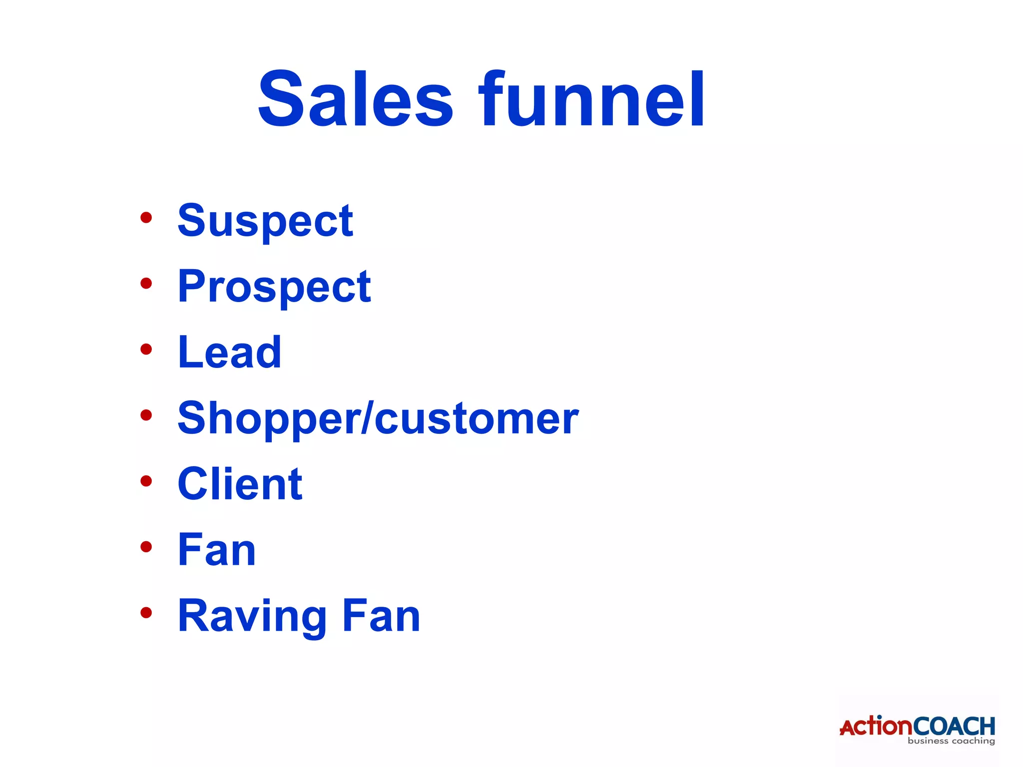 Sales funnel
•   Suspect
•   Prospect
•   Lead
•   Shopper/customer
•   Client
•   Fan
•   Raving Fan
 