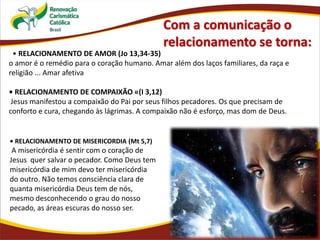Com a comunicação o
relacionamento se torna:
• RELACIONAMENTO DE AMOR (Jo 13,34-35)
o amor é o remédio para o coração humano. Amar além dos laços familiares, da raça e
religião ... Amar afetiva
• RELACIONAMENTO DE COMPAIXÃO «(I 3,12)
Jesus manifestou a compaixão do Pai por seus filhos pecadores. Os que precisam de
conforto e cura, chegando às lágrimas. A compaixão não é esforço, mas dom de Deus.
• RELACIONAMENTO DE MISERICORDIA (Mt 5,7)
A misericórdia é sentir com o coração de
Jesus quer salvar o pecador. Como Deus tem
misericórdia de mim devo ter misericórdia
do outro. Não temos consciência clara de
quanta misericórdia Deus tem de nós,
mesmo desconhecendo o grau do nosso
pecado, as áreas escuras do nosso ser.
 