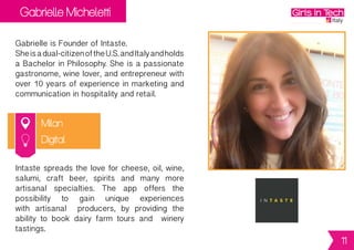 Gabrielle Micheletti
Milan
Gabrielle is Founder of Intaste.
Sheisadual-citizenoftheU.S.andItalyandholds
aBachelor in Philosophy. She is apassionate
gastronome,winelover,andentrepreneurwith
over 10 years of experience in marketing and
communication in hospitality and retail.
Intaste spreads the love for cheese, oil, wine,
salumi, craft beer, spirits and many more
artisanal specialties. The app offers the
possibility to gain unique experiences
with artisanal producers, by providing the
ability to book dairy farm tours and winery
tastings.
Digital
11
 