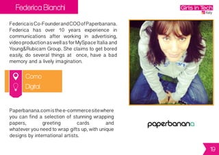 Claudia Spinnato
Palermo
ClaudiaisCo-FounderandCMOofPanoptes.
Graduated in Physics, Claudia has strong
expertise and experience in IT, Geographic
InformationManagement,BusinessEngineering
andMarketingManagement. Sheco-founded
two other Sicilian companies focused on GI
Management and IT planning.
PanoptesSrldevelopsmulti-sensorplatformsto
becoupledwithsmallsizeddrones,withtheaim
ofprovidingservicesforcivilpurposessuchas
technical inspections of industrial
infrastructures.mT-Panoptesisthefirstproduct:
a thermal visible multi-sensor that integrates
proprietarysoftware with geospatial and
real-time capabilities.
Hardware
19
 