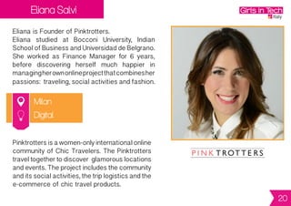 Federica Bianchi
Como
FedericaisCo-FounderandCOOofPaperbanana.
Federica has over 10 years experience in
communications after working in advertising,
videoproductionaswellasforMySpaceItaliaand
Young&RubicamGroup.Sheclaimstogetbored
easily, do several things at once, have a bad
memory and a lively imagination.
Paperbanana.comisthee-commercesitewhere
you can find a selection of stunning wrapping
papers, greeting cards and
whateveryouneedtowrapgiftsup,withunique
designs by international artists.
Digital
20
 