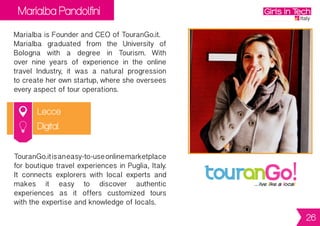 Serena Ruffato
& Gilda Lombardi
Venezia
Serena is Responsible for R&D at Tooteko.
She holds a Post Graduate Master degree in
DigitalArchitectureonthetopic“Architecture
and the Visually Impaired: Rapid Prototyping
for Integration”. Gilda is responsible for PR
at Tooteko. She holds a Master Degree
in Semiotics with Umberto Eco.
Tooteko was born with the goal of making art
accessibletotheblindandthevisuallyimpaired
byintegratingtactileexplorationwithaudiodata.
Tactilemodelsofartworksaretransformedinto
speakingmodels,thusallowinganinteractive
exploration activated with a simple touch.
Hardware
26
 