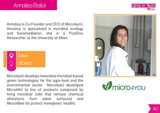 Nicoletta Donadio
Chile
Nicoletta is Founder of Fanchimp.
Nicolettaisgraphicdesignerandsocialmedia
manager.Shealreadyco-foundedacoupleof
startups, such as HiNii., Challenge in and
http://cocktailstartup.com,astartupassociation
based in Turin.
Fanchimpisasocialmediamanagementtool
for small, online seller such as Etsy and Ebay
sellers. The company helps them manage
their social media presence with a tool that
lets them schedule contents and select
interesting news to share with their followers.
Digital
40
 
