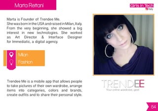 Selene Biffi
Milan
Selene is Founder of Plain Ink.
Social Innovator and entrepreneur, Selene
launchedherfirstsocialventureat22withonly
150 euros. She is now part of the taskforce
forinnovativestartupsoftheItalianMinisterof
EconomicDevelopment;shealsolaunchedthe
first school for storytellers in Afghanistan.
PlainInkhelpschildrenandadultsinlow-literacy
communitiesinAfghanistan,IndiaandItalyto
overcome poverty and social exclusion
through interactive comics, imagery and oral
storiesthatarelocallysourcedandproduced.
EdTech
54
 