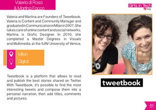 Silvia Minutolo
Turin
Silvia is Co-Founder of Archisbang.
She is an Architect who studied and carried
out her professionals experiences in Turin.
In 2008 she was one of the founding
partners of Archisbang Lab, an informal
architectural group. In 2012 Archisbang
became what it is today.
Archisbang is a young firm of architects
interested in artistic research related
to digital world. The aim is to develop original
projects between art and design,
from digital processing to customizable and
communicative products.
Design
61
 
