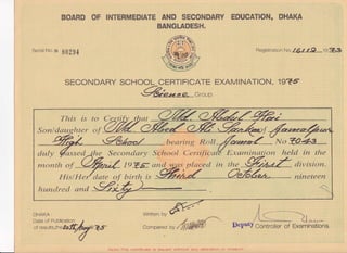 tsOAMD OF INTEHruXEDTATE AND $ECONNAMV
BANGLADE$hI.
EnucATlor{n f}l"lAKA
Serial No,s B0Ag4
Registration No. /6t t-O .lg$sg
SECCNDARY SCHOOL-CER T'IFICATE EXAMINATION, 19?5
%Group.
Written by
Compared by
1
Note-This certificate is issued rnzithout .rny alteratic:n c->r eraSr-lre
DePurI Controller of Examinations.
This is to
of
bearing Roll A/o W;#e-_
rruonth of
f{is/I{e date of birtQ is n ineteert
a
hurud,red and
:r::J,H:?yiw&,r+,-
 