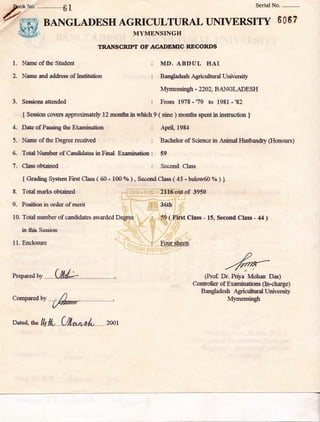 Serial No.hok No. ........... . .
61
ff *. '- a L.rrrr a n',crrr a rrDTrrrrr rftrrD a r rrLT11rE'tDerrfn17 f
ffi BANGLADESH AGRICULTURAL UNTVERSITY 6067
-sMrr#.{N!,/Zf}. MYMENSINGHr-frffi4-r
TRATISCRIPT OI. ACADEMIC RECORDS
1. Name of the Student
2. Name and address of Institution
3. Sessions attended
{ Session covcr$ approximate$ 12 months in which
4. Date of Passing the Examination
5. Name of the Degree received
6. Total Number of Candidates in Final Examination
7. Class obtained
8. Total marks obtained
9. Position in order of merit
10. Total numtrer of candidates alyardid Degree
in tftis Session
11. Enclasure
Comoared bv . /)
Dated, ,h. lh t, U**rL..... 2oo1
{ Grading System First Class { 60 - 10O q6
), Second Class ( 45 - below60 06
) }
MD. ABDUL HAI
Bangladesh Agriculhral Universiry*
i{ymensingh - 2202, BANGLADESH
From 1978 -'79 to 1981 -'82
9 ( nine ) months spsnt in instruction l
April, 198a
Bachelor of Science in Animal Husbandry (Honours)
59
Seoond Class
2116outof 3950
36th
59 ( Flrst Class - 15, Seeond Class - 44 )
Four sheeB
(Prof. Dr. Priya Mohan Das)
Controller of Examinations (In-charge)
Bangfudesh Agricuttural Universit"v
tfvrnensingh
 