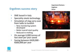 Ergolines success story
• SME based in Italy
• Speciality steels technology
• Simulation of slag carry‐over 
from ladle to tundish
– New monitoring system 
developed
– Better overall steel quality
– Reduced re‐melting
• On average 6,000 tonnes of 
lost steel per year saved
• Saving between €420,000 ‐
€600,000 per year
Copyright © Members of the Fortissimo Consortium 2015 10
Experiment Partners:
Ergolines
Arctur
 