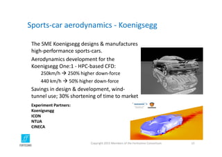 Sports‐car aerodynamics ‐ Koenigsegg
The SME Koenigsegg designs & manufactures 
high‐performance sports‐cars.
Aerodynamics development for the 
Koenigsegg One:1 ‐ HPC‐based CFD: 
250km/h  250% higher down‐force 
440 km/h  50% higher down‐force
Savings in design & development, wind‐
tunnel use; 30% shortening of time to market
Copyright 2015 Members of the Fortissimo Consortium 13
Experiment Partners:
Koenigsesgg
ICON
NTUA
CINECA
 