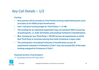 Copyright © 2016 Members of the Fortissimo 2 Consortium02.03.2016 24
Funding
• New partners will be included as Third Parties (funding model following the same
principles as for H2020 project beneficiaries)
• Call-1 indicative funding budget for Third Parties = 1.31 M€
• The funding for an individual experiment may not exceed € 250 K (covering
all participants, i.e. both 3rd Parties and existing Fortissimo 2 beneficiaries).
• Max. funding for any Third Party = 150 K€ (across all experiments in which
that Third Party is involved (arising from both Fortissimo 2 open calls)
• The participation of existing Fortissimo 2 beneficiaries across all
experiments selected in Fortissimo 2 Call-1 may not exceed 25% of the total
funding assigned to Fortissimo 2 Call-1.
Expected duration of participation:
1st November 2016 to 30th April 2018
Key Call Details – 1/2
 
