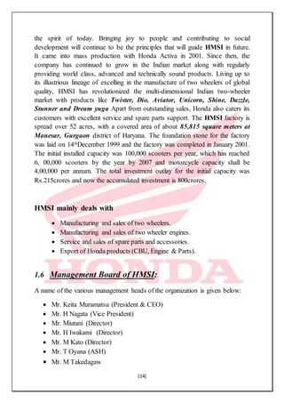 [14]
the spirit of today. Bringing joy to people and contributing to social
development will continue to be the principles that will guide HMSI in future.
It came into mass production with Honda Activa in 2001. Since then, the
company has continued to grow in the Indian market along with regularly
providing world class, advanced and technically sound products. Living up to
its illustrious lineage of excelling in the manufacture of two wheelers of global
quality, HMSI has revolutionized the multi-dimensional Indian two-wheeler
market with products like Twister, Dio, Aviator, Unicorn, Shine, Dazzle,
Stunner and Dream yuga Apart from outstanding sales, Honda also caters its
customers with excellent service and spare parts support. The HMSI factory is
spread over 52 acres, with a covered area of about 85,815 square meters at
Manesar, Gurgaon district of Haryana. The foundation stone for the factory
was laid on 14thDecember 1999 and the factory was completed in January 2001.
The initial installed capacity was 100,000 scooters per year, which has reached
6, 00,000 scooters by the year by 2007 and motorcycle capacity shall be
4,00,000 per annum. The total investment outlay for the initial capacity was
Rs.215crores and now the accumulated investment is 800crores.
HMSI mainly deals with
 Manufacturing and sales of two wheelers.
 Manufacturing and sales of two wheeler engines.
 Service and sales of spare parts and accessories.
 Export of Honda products (CBU, Engine & Parts).
1.6 Management Board of HMSI:
A name of the various management heads of the organization is given below:
 Mr. Keita Muramatsu (President & CEO)
 Mr. H Nagata (Vice President)
 Mr. Miutani (Director)
 Mr. H Iwakami (Director)
 Mr. M Kato (Director)
 Mr. T Oyana (ASH)
 Mr. M Takedagaw
 