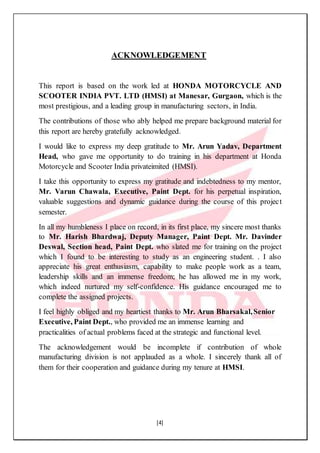[4]
ACKNOWLEDGEMENT
This report is based on the work led at HONDA MOTORCYCLE AND
SCOOTER INDIA PVT. LTD (HMSI) at Manesar, Gurgaon, which is the
most prestigious, and a leading group in manufacturing sectors, in India.
The contributions of those who ably helped me prepare background material for
this report are hereby gratefully acknowledged.
I would like to express my deep gratitude to Mr. Arun Yadav, Department
Head, who gave me opportunity to do training in his department at Honda
Motorcycle and Scooter India privateimited (HMSI).
I take this opportunity to express my gratitude and indebtedness to my mentor,
Mr. Varun Chawala, Executive, Paint Dept. for his perpetual inspiration,
valuable suggestions and dynamic guidance during the course of this project
semester.
In all my humbleness I place on record, in its first place, my sincere most thanks
to Mr. Harish Bhardwaj, Deputy Manager, Paint Dept. Mr. Davinder
Deswal, Section head, Paint Dept. who slated me for training on the project
which I found to be interesting to study as an engineering student. . I also
appreciate his great enthusiasm, capability to make people work as a team,
leadership skills and an immense freedom; he has allowed me in my work,
which indeed nurtured my self-confidence. His guidance encouraged me to
complete the assigned projects.
I feel highly obliged and my heartiest thanks to Mr. Arun Bharsakal,Senior
Executive, Paint Dept., who provided me an immense learning and
practicalities of actual problems faced at the strategic and functional level.
The acknowledgement would be incomplete if contribution of whole
manufacturing division is not applauded as a whole. I sincerely thank all of
them for their cooperation and guidance during my tenure at HMSI.
 