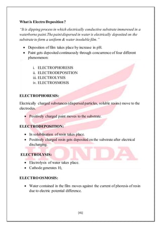[41]
What is Electro Deposition?
“It is dipping process in which electrically conductive substrate immeresed in a
waterborne paint.Thepaintdispersed in water is electrically deposited on the
substrate to form a uniform & water insoluble film.”
 Deposition of film takes place by increase in pH.
 Paint gets deposited continuously through concurrence of four different
phenomenon:
i. ELECTROPHORESIS
ii. ELECTRODEPOSITION
iii. ELECTROLYSIS
iv. ELECTROSMOSIS
ELECTROPHORESIS:
Electrically charged substances (dispersed particles, soluble resins) move to the
electrodes.
 Positively charged paint moves to the substrate.
ELECTRODEPOSITION:
 In solubilisation of resin takes place.
 Positively charged resin gets deposited on the substrate after electrical
discharging.
ELECTROLYSIS:
 Electrolysis of water takes place.
 Cathode generates H2.
ELECTRO OSMOSIS:
 Water contained in the film moves against the current of phoresis of resin
due to electric potential difference.
 