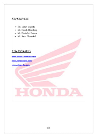 [62]
REFERENCES
 Mr. Varun Chawla
 Mr. Harish Bhardwaj
 Mr. Davinder Deswal
 Mr. Arun Bharsakal
BIBLIOGRAPHY
www.honda2wheelers.com
www.hondaworld.com
www.wikipedia.com
 