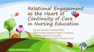 Relational Engagement
as the Heart of
Continuity of Care
in Nursing Education
By June Kaminski, RN MSN PhD(c)
BSN Post Baccalaureate Program Coordinator,
Kwantlen Polytechnic University
Xi Eta Chapter Vice President, Research Chair
Ethel Johns Forum 2013
 