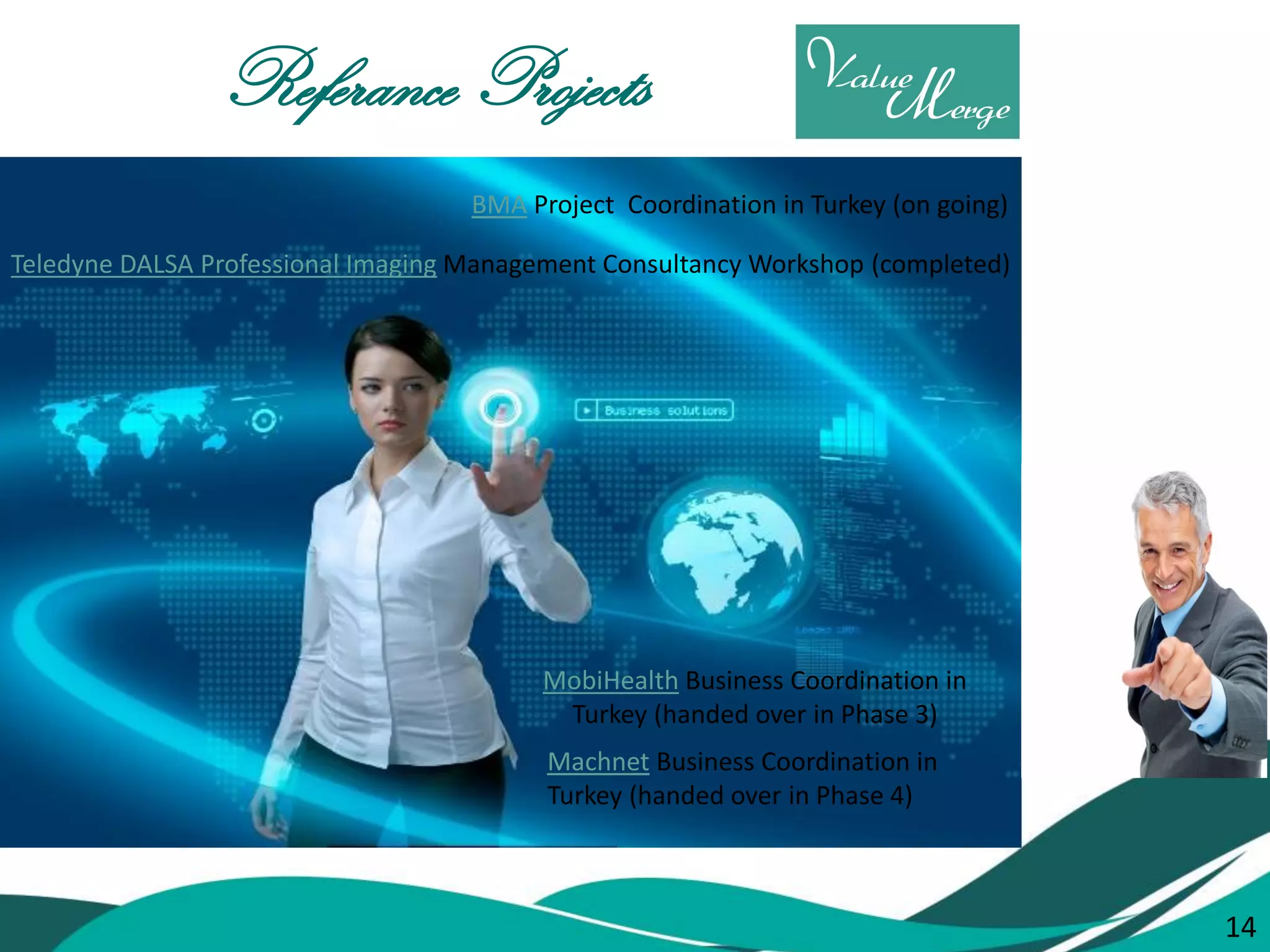 14 
Referance Projects 
Teledyne DALSA Professional Imaging Management Consultancy Workshop (completed) 
BMA Project Coordination in Turkey (on going) 
Machnet Business Coordination in Turkey (handed over in Phase 4) 
MobiHealth Business Coordination in Turkey (handed over in Phase 3) 
14  