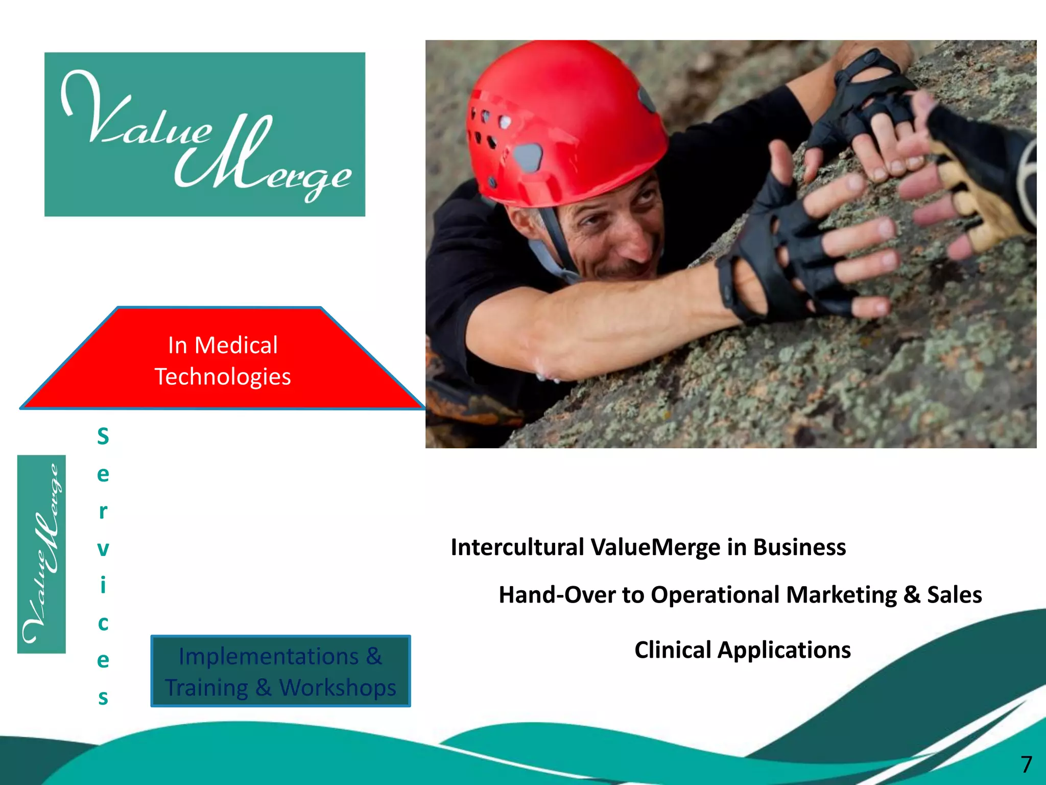 7 
Implementations & Training & Workshops 
Services 
In Medical 
Technologies 
Clinical Applications 
Intercultural ValueMerge in Business 
Hand-Over to Operational Marketing & Sales 
7  