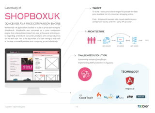 14
WEB SERVER API SERVER APP SERVER
ARCHITECTURE
To build a basic price search engine to provide the best
price available for UK consumers shopping online.
Pivot - ShopboxUK evolved into a multi-platform price
comparison service and third party API provider.
TARGET
Customizing Isotope jQuery Plugin.
Implementing XSRF protection in angularjs.
CHALLENGES & SOLUTION
MeltBrands UK approached Toobler to build its price search engine,
ShopBoxUk. ShopBoxUk was conceived as a price comparison
engine that collected latest data from over a thousand online sourc-
es regarding all kinds of consumer products and compared prices
for the end user. This is the equivalent of a user having to visit each
of the over thousand websites and comparing prices individually.
SHOPBOXUK
CONCEIVED AS A PRICE COMPARISON ENGINE
Casestudy of
AWSAPI
TECHNOLOGY
Angular JS
Toobler Technologies
 