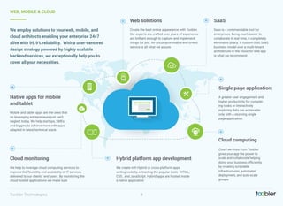 4Toobler Technologies
WEB, MOBILE & CLOUD
We employ solutions to your web, mobile, and
cloud architects enabling your enterprise 24x7
alive with 99.9% reliability. With a user-centered
design strategy powered by highly scalable
backend services, we exceptionally help you to
cover all your necessities.
Create the best online appearance with Toobler.
Our experts are crafted over years of experience
are brilliant enough to capture and implement
things for you. An uncompromisable end-to-end
service is all what we assure.
Web solutions
Saas is a commandable tool for
enterprises. Being much easier to
collaborate in real time, it completely
eliminates piracy. A custom built SaaS
business model over a multi-tenant
architecture in the cloud for web app
is what we recommend.
SaaS
Mobile and tablet apps are the ones that
no leveraging entrepreneurs just can’t
neglect today. We help startups, SMEs
and biggies to achieve more with apps
adapted in latest technical stack.
Native apps for mobile
and tablet
We help to leverage cloud computing services to
improve the flexibility and scalability of IT services
delivered to our clients’ end users. By monitoring the
cloud hosted applications we make sure
Cloud monitoring
Cloud services from Toobler
gives your app the power to
scale and collaborate helping
doing your business efﬁciently
by creating scriptable
infrastructures, automated
deployment, and auto-scale
groups.
Cloud computing
We create rich Hybrid or cross-platform apps
writing code by extracting the popular tools - HTML,
CSS , and JavaScript. Hybrid apps are hosted inside
a native application
Hybrid platform app development
A greater user engagement and
higher productivity for complet-
ing tasks or interactively
exploring data are achievable
only with a stunning single
page application.
Single page application
 