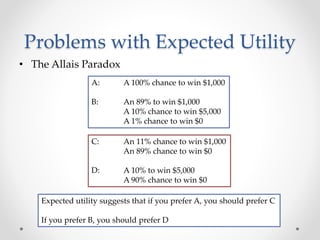 Problems with Expected Utility
• The Allais Paradox
A: A 100% chance to win $1,000
B: An 89% to win $1,000
A 10% chance to win $5,000
A 1% chance to win $0
C: An 11% chance to win $1,000
An 89% chance to win $0
D: A 10% to win $5,000
A 90% chance to win $0
Expected utility suggests that if you prefer A, you should prefer C
If you prefer B, you should prefer D
 