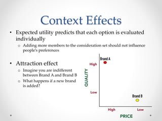 Context Effects
• Expected utility predicts that each option is evaluated
individually
o Adding more members to the consideration set should not influence
people’s preferences
• Attraction effect
o Imagine you are indifferent
between Brand A and Brand B
o What happens if a new brand
is added?
 