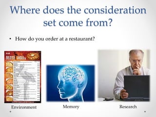 Where does the consideration
set come from?
• How do you order at a restaurant?
Environment ResearchMemory
 