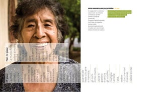 140 |
                                    Mi piace              Non mi piace
                                    Lavorare,             La musica forte,
                                    parlare,              parlare al mulino
                                    la cucina,            perchè
                                                          altrimenti
                                    fare e mangiare       non si può
                                    tortillas,            lavorare,
                                    vedere i miei figli   stare




FF3300 | muSIca / graFIca: otolab
                                    che mangiano          con la gente,
                                    (viene fame
                                    anche a me),          come si è ridotto
                                                          il paese,
                                    andare
                                    al mulino,            mangiare sola,
                                    vedere la gente       non avere
                                    che passa             tempo,
                                    davanti casa,         stare ferma
                                    mangiare,             a non fare
                                                          niente,
                                    quando non c’è
                                    tanto rumore,         il rumore,
                                    ballare               stare seduta.
                                    e nuotare
                                    al fiume
                                    (quando
                                    era più giovane),
                                    quando alle
                                    feste c’è carne
                                    e marimba,
                                    gli occhi
                                                                              al mercato.


                                                                              da sua madre.




                                    di mio marito,
                                                                              tortillas e venderle
                                                                              a tritarlo per poi fare




                                    uscire in
                                                                              ha 12 anni, ha imparato
                                                                              Lava il mais, va al mulino




                                                                              Quando era giovane però,




                                    giardino
                                                                              Si sveglia alle 5 di mattina.




                                                                              il mulino non c’era e il mais
                                                                              Fa questo lavoro da quando




                                                                              doveva tritarlo con la pietra.




                                    e sentire
                                    gli uccellini,
                                    mia figlia
                                    Lleneide,
                                                                                                                                            BErTA MArGArITA LOPEZ DE CASTErÑON / 72 anni




                                    l’atol,
                                    vedere
                                                                                                Va a dormire alle 10 di sera.




                                    i documentari
                                                                                                e non sa né leggere né scrivere.




                                    di animali,
                                                                                                Si é sposata a 17 anni, ha avuto 10 figli
                                                                                                Lavora tutti i giorni, anche la domenica.




                                    L’odore di cibo.
 