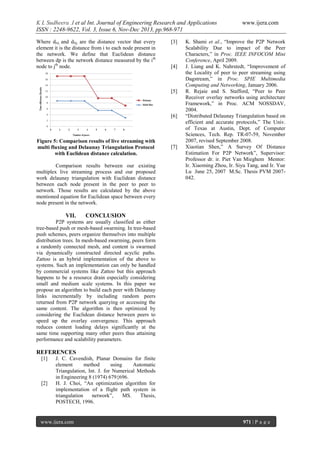 K L Sudheera .I et al Int. Journal of Engineering Research and Applications
ISSN : 2248-9622, Vol. 3, Issue 6, Nov-Dec 2013, pp.968-971
Where dNi and dNj are the distance vector that every
element it is the distance from i to each node present in
the network. We define that Euclidean distance
between dp is the network distance measured by the ith
node to jth node.

[3]

[4]

[5]

[6]

Figure 5: Comparison results of live streaming with
multi fluxing and Delaunay Triangulation Protocol
with Euclidean distance calculation.
Comparison results between our existing
multiplex live streaming process and our proposed
work delaunay triangulation with Euclidean distance
between each node present in the peer to peer to
network. Those results are calculated by the above
mentioned equation for Euclidean space between every
node present in the network.

VII.

[7]

www.ijera.com

K. Shami et al., “Improve the P2P Network
Scalability Due to impact of the Peer
Characters,” in Proc. IEEE INFOCOM Mini
Conference, April 2009.
J. Liang and K. Nahrstedt, “Improvement of
the Locality of peer to peer streaming using
Dagstream,” in Proc. SPIE Multimedia
Computing and Networking, January 2006.
R. Rejaie and S. Stafford, “Peer to Peer
Receiver overlay networks using architecture
Framework,” in Proc. ACM NOSSDAV,
2004.
“Distributed Delaunay Triangulation based on
efficient and accurate protocols,” The Univ.
of Texas at Austin, Dept. of Computer
Sciences, Tech. Rep. TR-07-59, November
2007, revised September 2008.
Xiaotian Shen,” A Survey Of Distance
Estimation For P2P Network”, Supervisor:
Professor dr. ir. Piet Van Mieghem Mentor:
Ir. Xiaoming Zhou, Ir. Siyu Tang, and Ir. Yue
Lu June 25, 2007 M.Sc. Thesis PVM 2007042.

CONCLUSION

P2P systems are usually classified as either
tree-based push or mesh-based swarming. In tree-based
push schemes, peers organize themselves into multiple
distribution trees. In mesh-based swarming, peers form
a randomly connected mesh, and content is swarmed
via dynamically constructed directed acyclic paths.
Zattoo is an hybrid implementation of the above to
systems. Such an implementation can only be handled
by commercial systems like Zattoo but this approach
happens to be a resource drain especially considering
small and medium scale systems. In this paper we
propose an algorithm to build each peer with Delaunay
links incrementally by including random peers
returned from P2P network querying or accessing the
same content. The algorithm is then optimized by
considering the Euclidean distance between peers to
speed up the overlay convergence. This approach
reduces content loading delays significantly at the
same time supporting many other peers thus attaining
performance and scalability parameters.

REFERENCES
[1]

[2]

J. C. Cavendish, Planar Domains for finite
element
method
using
Automatic
Triangulation, Int. J. for Numerical Methods
in Engineering 8 (1974) 679{696.
H. J. Choi, “An optimization algorithm for
implementation of a flight path system in
triangulation
network”,
MS.
Thesis,
POSTECH, 1996.

www.ijera.com

971 | P a g e

 