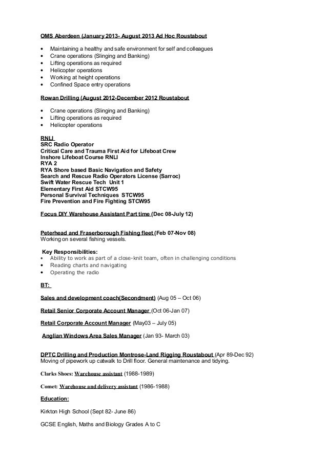Offshore roustabout resume sample
