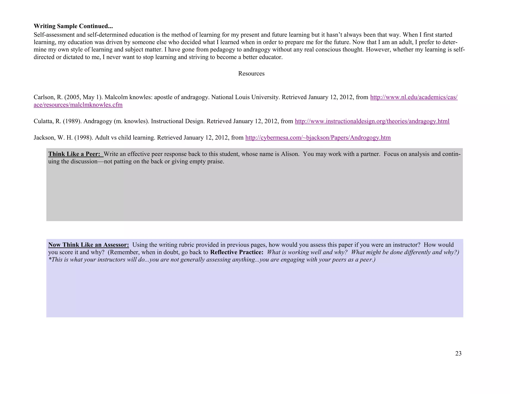 23
Self-assessment and self-determined education is the method of learning for my present and future learning but it hasn’t always been that way. When I first started
learning, my education was driven by someone else who decided what I learned when in order to prepare me for the future. Now that I am an adult, I prefer to deter-
mine my own style of learning and subject matter. I have gone from pedagogy to andragogy without any real conscious thought. However, whether my learning is self-
directed or dictated to me, I never want to stop learning and striving to become a better educator.
Resources
Carlson, R. (2005, May 1). Malcolm knowles: apostle of andragogy. National Louis University. Retrieved January 12, 2012, from http://www.nl.edu/academics/cas/
ace/resources/malclmknowles.cfm
Culatta, R. (1989). Andragogy (m. knowles). Instructional Design. Retrieved January 12, 2012, from http://www.instructionaldesign.org/theories/andragogy.html
Jackson, W. H. (1998). Adult vs child learning. Retrieved January 12, 2012, from http://cybermesa.com/~bjackson/Papers/Androgogy.htm
Now Think Like an Assessor: Using the writing rubric provided in previous pages, how would you assess this paper if you were an instructor? How would
you score it and why? (Remember, when in doubt, go back to Reflective Practice: What is working well and why? What might be done differently and why?)
*This is what your instructors will do...you are not generally assessing anything...you are engaging with your peers as a peer.)
Writing Sample Continued...
Think Like a Peer: Write an effective peer response back to this student, whose name is Alison. You may work with a partner. Focus on analysis and contin-
uing the discussion—not patting on the back or giving empty praise.
 