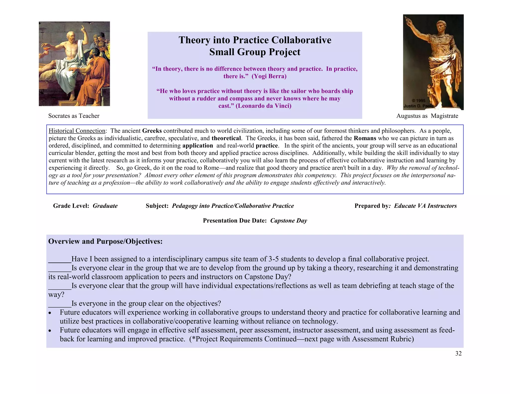 32
Socrates as Teacher
Theory into Practice Collaborative
Small Group Project
“In theory, there is no difference between theory and practice. In practice,
there is.” (Yogi Berra)
“He who loves practice without theory is like the sailor who boards ship
without a rudder and compass and never knows where he may
cast.” (Leonardo da Vinci)
Augustus as Magistrate
Grade Level: Graduate Subject: Pedagogy into Practice/Collaborative Practice Prepared by: Educate VA Instructors
Presentation Due Date: Capstone Day
Historical Connection: The ancient Greeks contributed much to world civilization, including some of our foremost thinkers and philosophers. As a people,
picture the Greeks as individualistic, carefree, speculative, and theoretical. The Greeks, it has been said, fathered the Romans who we can picture in turn as
ordered, disciplined, and committed to determining application and real-world practice. In the spirit of the ancients, your group will serve as an educational
curricular blender, getting the most and best from both theory and applied practice across disciplines. Additionally, while building the skill individually to stay
current with the latest research as it informs your practice, collaboratively you will also learn the process of effective collaborative instruction and learning by
experiencing it directly. So, go Greek, do it on the road to Rome—and realize that good theory and practice aren't built in a day. Why the removal of technol-
ogy as a tool for your presentation? Almost every other element of this program demonstrates this competency. This project focuses on the interpersonal na-
ture of teaching as a profession—the ability to work collaboratively and the ability to engage students effectively and interactively.
Overview and Purpose/Objectives:
______Have I been assigned to a interdisciplinary campus site team of 3-5 students to develop a final collaborative project.
______Is everyone clear in the group that we are to develop from the ground up by taking a theory, researching it and demonstrating
its real-world classroom application to peers and instructors on Capstone Day?
______Is everyone clear that the group will have individual expectations/reflections as well as team debriefing at teach stage of the
way?
______Is everyone in the group clear on the objectives?
 Future educators will experience working in collaborative groups to understand theory and practice for collaborative learning and
utilize best practices in collaborative/cooperative learning without reliance on technology.
 Future educators will engage in effective self assessment, peer assessment, instructor assessment, and using assessment as feed-
back for learning and improved practice. (*Project Requirements Continued—next page with Assessment Rubric)
 
