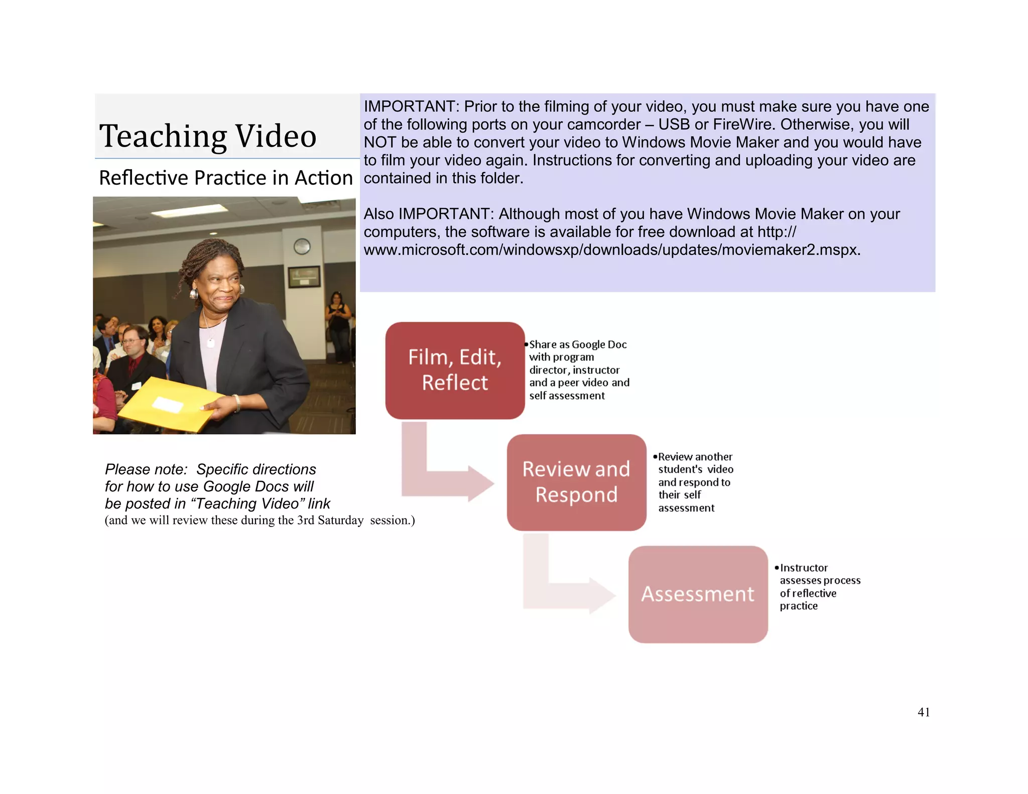41
The Process:
Please note: Specific directions
for how to use Google Docs will
be posted in “Teaching Video” link
(and we will review these during the 3rd Saturday session.)
IMPORTANT: Prior to the filming of your video, you must make sure you have one
of the following ports on your camcorder – USB or FireWire. Otherwise, you will
NOT be able to convert your video to Windows Movie Maker and you would have
to film your video again. Instructions for converting and uploading your video are
contained in this folder.
Also IMPORTANT: Although most of you have Windows Movie Maker on your
computers, the software is available for free download at http://
www.microsoft.com/windowsxp/downloads/updates/moviemaker2.mspx.
Reflective Practice in Action
Teaching Video
 