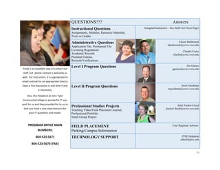11
QUESTIONS??? Answers
Instructional Questions
Assignments, Modules, Resource Materials,
Texts or Grades
Assigned Instructors—See Staff List (Next Page)
Administrative Questions
Application File, Permanent File
Licensing Regulations
Academic Records
Payment/Tuition,
Records/Verifications
Eileen Hasbrouck
ehasbrouck@ccwa.vccs.edu
Claudio Fuchs
cfuchs@ccwa.vccs.edu
Level I Program Questions Jim Gaines
jgaines@ccwa.vccs.edu
Level II Program Questions Scott Goodman
wgoodman@ccwa.vccs.edu
Professional Studies Projects
Teaching Video/Field Placement Journal,
Professional Portfolio
Small Group Project
Julia Tucker-Lloyd
jtucker-lloyd@ccwa.vccs.edu
FIELD PLACEMENT
Parking/Campus Information
Your Regional Advisor:
TECHNOLOGY SUPPORT ITSE Helpdesk
edtech@jtcc.edu
Email is an excellent way to contact our
staff, but phone contact is welcome as
well. For instructors, it is appropriate to
email and ask for an appropriate time to
have a live discussion in real time if one
is necessary.
Also, the Helpdesk at John Tyler
Community College is wonderful IT sup-
port for us and they provide this to us so
that you have a one-stop resource for
your IT questions and needs.
PROGRAM OFFICE MAIN
NUMBERS:
804-523-5671
804-523-5670 (FAX)
 