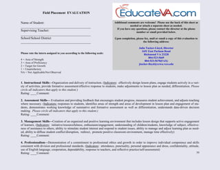 39
Name of Student:
__________________________________________
Supervising Teacher:
__________________________________________
School/School District
__________________________________________
Please rate the intern assigned to you according to the following scale:
4 = Area of Strength
3 = Area of Proficiency
2 = Target for Growth
1 = Unsatisfactory
NA = Not Applicable/Not Observed
1. Instructional Skills—Organization and delivery of instruction. (Indicators: effectively design lesson plans, engage students actively in a vari-
ety of activities, provide formative assessment/effective response to students, make adjustments to lesson plan as needed, differentiation. Please
circle all indicators that apply to this student.)
Rating: ____Comment:
2. Assessment Skills— Evaluation and providing feedback that encourages student progress, measures student achievement, and adjusts teaching
where necessary. (Indicators: responses to students, identifies areas of strength and areas of development in lesson plan and engagement of stu-
dents, demonstrates working knowledge of summative and formative assessment as well as differentiation, understands data-driven decision
making. Please circle all indicators that apply to this student.)
Rating: ____Comment:
3. Management Skills—Creation of an organized and positive learning environment that includes lesson design that supports active engagement
of learners. (Indicators: initiative/resourcefulness, enthusiasm/engagement, understanding of children/students, knowledge of subject, effective-
ness of assistance to others, ability to stimulate student interest and respond to student issues, ability to manage and adjust learning plan as need-
ed, ability to diffuse student conflict/disruption, redirect, promote positive classroom environment, manage time effectively)
Rating: ____Comment:
4. Professionalism—Demonstration of a commitment to professional ethics and growth in order to improve individual competence and skills
consistent with division and professional standards. (Indicators: attendance, punctuality, personal appearance and dress, confidentiality, attitude,
use of English language, cooperation, dependability, response to teachers, and reflective practice/self-assessment)
Rating: ____Comment:
Additional comments are welcome! Please use the back of this sheet as
needed or attach a separate sheet as needed.
If you have any questions, please contact the director at the phone
number or email provided below.
Upon completion, please fax, mail or email a copy of this evaluation to
the following address:
Julia Tucker-Lloyd, Director
1651 East Parham Road
Richmond VA 23228
804-523-5669
804-523-5670(FAX)
jtucker-lloyd@ccwa.vccs.edu
Field Placement EVALUATION
 
