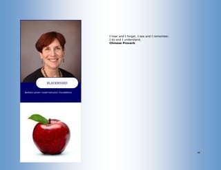60
Barbara Lanzer—Lead Instructor, Foundations
BLACKBOARD
I hear and I forget. I see and I remember.
I do and I understand.
Chinese Proverb
 
