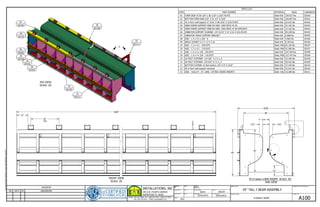 45 in beam mAIN ASSEM SCALE .05
END VIEW
FRONT VIEW
SCALE .05
ISO VIEW
SCALE .03
SHEET TITLE AMOUNT OF Pcs./PART NO.:
SHEET NO.:PROJECT NAME
DRAWN BY:
CHECKED BY:
DATE:
DATE:
DATE:
SOLD BY:
SALES ORDER #:
ORDER DATE:
FAX: 305-245-8119 EMAIL: bkinstall@aol.com
DELIVERY DATE:
DRAWN BY: DATE: SOLD BY:
JOB #:
INSTALLATIONS, INC.
246 S.W. FOURTH AVENUE
HOMESTEAD FL 33030
PHONE: 305-245-6968, (FL) 1-800-624-7612 ,1-800-523-3870
APPROVED BY:
FINISH:
REVISION
NO DATE BY DESCRIPION
JP JOE B
MILL
59471
03/02/2015 05/02/2015
106329
FLORIDA I BEAM
Z:InventorFLORIDAIBEAM45inbeammAINASSEM.idw4/10/2015
PARTS LIST
COMMENTSMASSMATERIALPART NUMBERITEM
SD100239.917 lbsSteel A36FORM SKIN 45 IN 120" x 38 1/16" x 3/16" PLATE01
SD101226.847 lbsSteel A36BOTTOM FORM SKIN 120" X 35 1/2" X 3/16"02
SD10252.031 lbsSteel A3645 in form wall support 27 3/16" X 48 3/16" X 3/16 PLATE03
SD10352.102 lbsSteel A36MAIN FORMS SUPPORT RIBS RH SIDE END PIECE 45 IN04
SD10352.102 lbsSteel A36MAIN FORMS SUPPORT RIBS RH SIDE END PIECE 45 IN OPPOSITE05
SD10490.228 lbsSteel A36VIBRATOR SUPPORT CHANNEL 119 15/16" X 14 1/16 X 3/16 PLATE06
SD1050.686 lbsSteel A36VIBRATOR TRACK SUPPORT BRACKET07
SD1065.062 lbsSteel A36AISC - L 5 x 3.5 x 3/8 - 608
SD1060.356 lbsSteel A36ANGLE GUSSET 5 X 3 1-2 X 3-1609
SD10782.120 lbsSteel, MildAISC - C 3 x 4.1 - 239.937510
SD10741.060 lbsSteel, MildAISC - C 3 x 4.1 - 119.937520
SD108247.494 lbsSteel A36AISC - L 6 x 4 x 3/8 - 239.937512
SD108123.747 lbsSteel, MildAISC - L 6 x 4 x 3/8 - 119.937518
SD10925.444 lbsSteel A3610 FOOT STIFFNER 119 5/8" X 3 X 1_419
SD10950.915 lbsSteel A3620 FOOT STIFFNER 239 5/8" X 3 X 1_414
SD11057.429 lbsSteel A36BOTTOM FLATBAR 10 feet section 120" X 9" X 3/16"17
SD10252.031 lbsSteel A3645 in form wall support reversed21
SD11110.280 lbsSteel A36AISC - 4x2x1/4 - 14 LONG LIFTING HOOKS INSERTS22
C
D
E
19
SD109
03
SD102
20
SD107
04
SD103
03
SD102
01
SD100 18
SD108
06
SD104
45" TALL I BEAM ASSEMBLY
A100
45"
12"
30"
TYP
49"
23
SD111
22
SD111
3000"
11"
603
8"
48"
7"
31
2" 31
2"
 