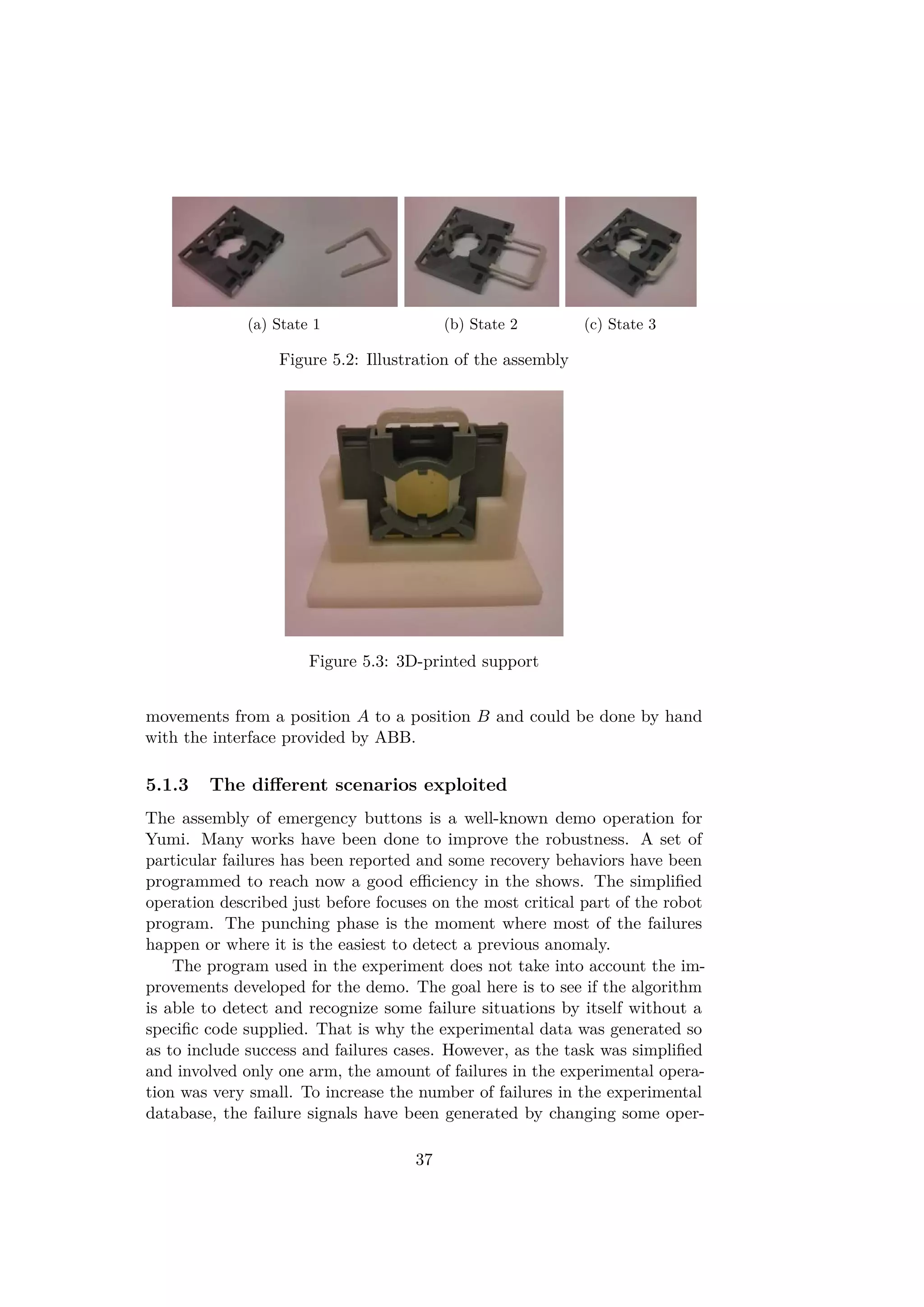 (a) State 1 (b) State 2 (c) State 3
Figure 5.2: Illustration of the assembly
Figure 5.3: 3D-printed support
movements from a position A to a position B and could be done by hand
with the interface provided by ABB.
5.1.3 The diﬀerent scenarios exploited
The assembly of emergency buttons is a well-known demo operation for
Yumi. Many works have been done to improve the robustness. A set of
particular failures has been reported and some recovery behaviors have been
programmed to reach now a good eﬃciency in the shows. The simpliﬁed
operation described just before focuses on the most critical part of the robot
program. The punching phase is the moment where most of the failures
happen or where it is the easiest to detect a previous anomaly.
The program used in the experiment does not take into account the im-
provements developed for the demo. The goal here is to see if the algorithm
is able to detect and recognize some failure situations by itself without a
speciﬁc code supplied. That is why the experimental data was generated so
as to include success and failures cases. However, as the task was simpliﬁed
and involved only one arm, the amount of failures in the experimental opera-
tion was very small. To increase the number of failures in the experimental
database, the failure signals have been generated by changing some oper-
37
 