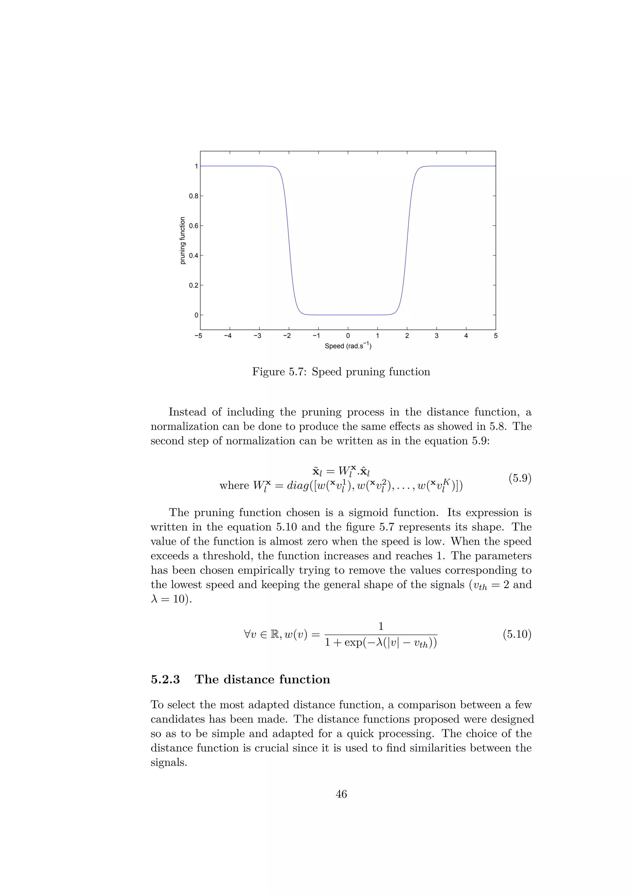 −5 −4 −3 −2 −1 0 1 2 3 4 5
0
0.2
0.4
0.6
0.8
1
Speed (rad.s
−1
)
pruningfunction
Figure 5.7: Speed pruning function
Instead of including the pruning process in the distance function, a
normalization can be done to produce the same eﬀects as showed in 5.8. The
second step of normalization can be written as in the equation 5.9:
˜xl = Wx
l .ˆxl
where Wx
l = diag([w(xv1
l ), w(xv2
l ), . . . , w(xvK
l )])
(5.9)
The pruning function chosen is a sigmoid function. Its expression is
written in the equation 5.10 and the ﬁgure 5.7 represents its shape. The
value of the function is almost zero when the speed is low. When the speed
exceeds a threshold, the function increases and reaches 1. The parameters
has been chosen empirically trying to remove the values corresponding to
the lowest speed and keeping the general shape of the signals (vth = 2 and
λ = 10).
∀v ∈ R, w(v) =
1
1 + exp(−λ(|v| − vth))
(5.10)
5.2.3 The distance function
To select the most adapted distance function, a comparison between a few
candidates has been made. The distance functions proposed were designed
so as to be simple and adapted for a quick processing. The choice of the
distance function is crucial since it is used to ﬁnd similarities between the
signals.
46
 