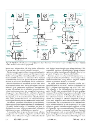 26	 ASHRAE Journal	 ashrae.org	 	 Fe b r u a r y 2 0 1 0
Figure 2a (left): Carbon dioxide as a secondary refrigerant.6 Figure 2b (center): Carbon dioxide as a cascade refrigerant.6 Figure 2c (right):
Carbon dioxide as a transcritical refrigerant.6
Expansion
Valve
Cascade
Heat
Exchanger
Carbon Dioxide
Receiver
Carbon Dioxide
Evaporator
Carbon
Dioxide
Pump
Regulating
Valve
Primary
Refrigerant
Condenser
Primary
Refrigerant
Compressor
A
Expansion
Valve
Cascade
Heat
Exchanger
Carbon Dioxide
Receiver
Carbon Dioxide
Evaporator
Primary
Refrigerant
Condenser
Expansion
Valve
Carbon
Dioxide
Compressor
Primary
Refrigerant
Compressor
Cascade
Heat
Exchanger
Carbon Dioxide
Evaporator
Carbon Dioxide
Gas Cooler
High
Stage
Compressor
Flash Gas
Bypass Valve
Carbon Dioxide
Receiver
Low Stage
CompressorCarbon Dioxide
EvaporatorExpansion
Valve
Expansion
Valves
HP
Regulating
Valve
B C
become more widespread the risk of not having refrigeration
for several hours after power is restored is increased.
These systems also are not resilient to component malfunction
or operator error.While these systems are relatively uncommon,
this has not been a problem because they tend to be serviced by
the best available technician who is familiar with the plant and
has been recently trained in its operation. However, as numbers
increase, the skill level of the attendants is likely to be reduced.
Transcritical systems with intermediate receivers (flash tanks)
are sensitive to charge level. Excess refrigerant is likely to
flood over to the compressors, particularly if the charge was
set under light load and then the utilization increased. Systems
without suction receivers are also susceptible to compressor
damage in the event of a control valve malfunction. This could
be caused by operator error in the valve setup, or by the valve
sticking open, or in the case of electronic valves by a failure
in the control circuit or the sensors. The consequence always
will be significant damage to the compressors in these systems.
The installed systems are different than current technology,
leading to further concerns about operator skills in the long term.
Efficiency is similar to current HFC technology, with scope for
significant improvement in this respect, particularly in the suction
and discharge pressures at which plants are operating.
A supermarket chain set up a development project in Britain
in conjunction with an industrial refrigeration consultant, to find
solutions to these deficiencies.The goal was for carbon dioxide
to be deployed across the entire estate without high energy bills
or unreliable operation. A detailed study of natural refrigerant
options showed that transcritical carbon dioxide offered the best
prospects for capital cost, efficiency and reliability.
This new system was to be resilient to operator error or
component malfunction, to withstand power outages without
dependence on external cooling or loss of refrigerant and be as
familiar as possible to the service technicians.
The typical store considered in the design exercise had a
footprint of 8500 m2 (91,500 ft2), requiring a chill load of 250
kW (71 tons) and a low-temperature load of 64 kW (18 tons).
This is handled by four chill packs and two low-temperature
packs. The chill packs are transcritical, with an air-cooled gas
cooler, and three semihermetic compressors. Instead of using
an intermediate receiver as the flash gas separator these packs
have a full-sized receiver in the suction line. This uses an
internal heat exchanger to reduce the temperature of the gas
cooler outlet and provides protection to the compressor against
liquid carryover.The receiver also is sized as a fade-out vessel,
giving sufficient volume in the low pressure side of the system
to limit the pressure rise under standstill conditions to 75 bar
(1100 psig).The low-temperature packs are of the cascade type,
using brazed plate heat exchangers as condensers. Each pack
has three condensers, which are connected to three separate chill
packs, providing maximum resilience for the low-temperature
systems in the event of a failure of one of the chill packs.There
 
