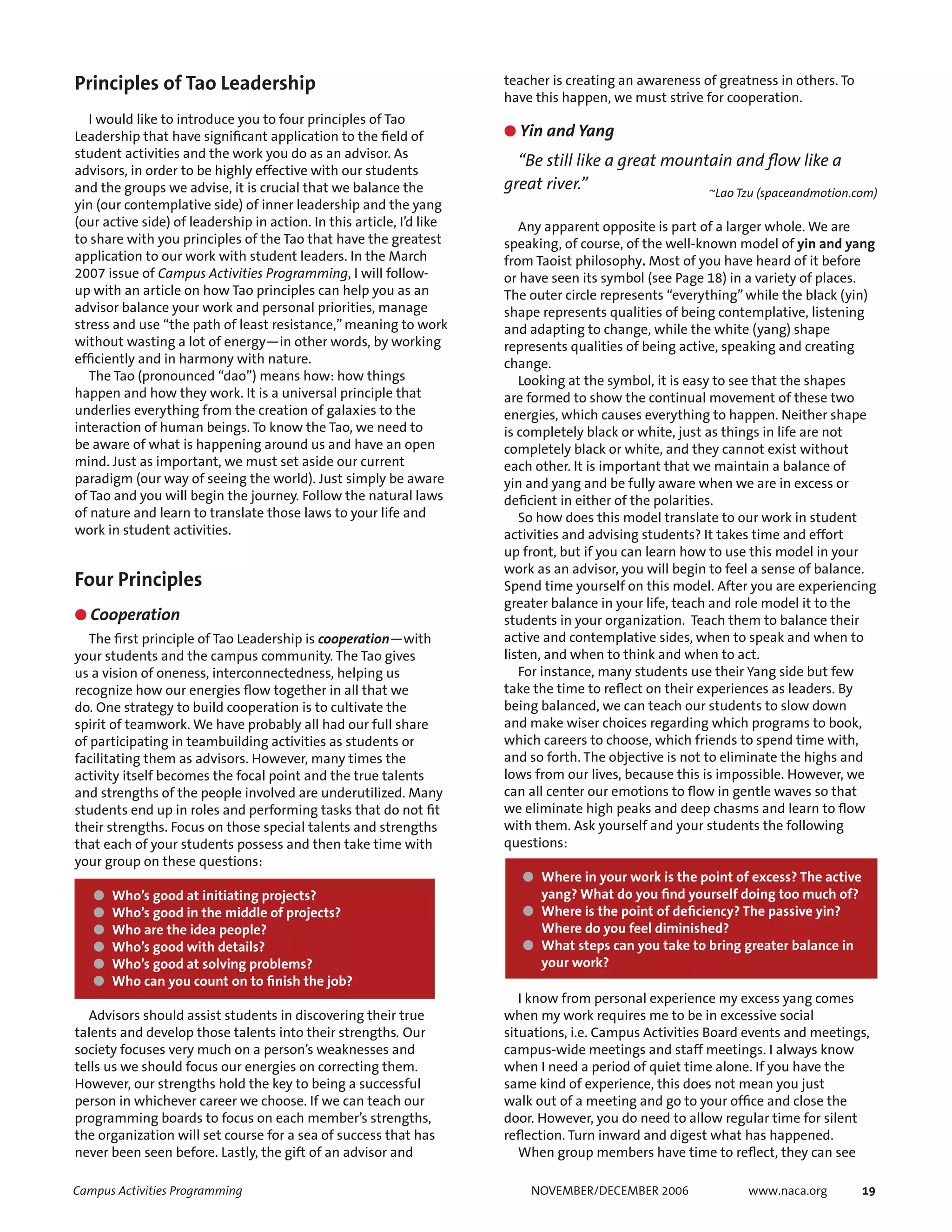 Campus Activities Programming NOVEMBER/DECEMBER 2006 www.naca.org 19