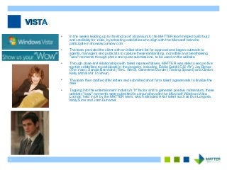 1
VISTAVISTA
• In the weeks leading up to the Microsoft Vista launch, the MATTER team helped build buzz
and credibility for Vista, by attracting celebrities who align with the Microsoft brand to
participate in showusyourwow.com
• The team provided the client with an initial talent list for approval and began outreach to
agents, managers and publicists to capture these exhilarating, incredible and breathtaking
"wow" moments through photo and quote submissions, to be used on the website
• Through close-knit relationships with talent representatives, MATTER was able to secure five
top-tier celebrities to participate in the program, including: Eddie Cahill (CSI: NY), Joy Behar
(The View), Sandra Bernhard (The L Word), Genevieve Gorder (Trading Spaces) and Clinton
Kelly (What Not To Wear)
• The team then drafted offer letters and submitted short form talent agreements to finalize the
deal
• Tapping into the entertainment industry's "it" factor and to generate positive momentum, these
celebrity "wow" moments were submitted in conjunction with the Microsoft Windows Vista
Lounge, held in LA by the MATTER team, which attracted A-list talent such as Eva Longoria,
Molly Sims and Josh Duhamel
 