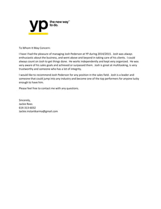 YP Sales Manager Jackie Reccomendation letter