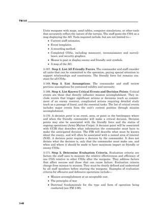 FM 5-0 ___________________________________________________________________________________
3-46
Units wargame with maps, sand tables, computer simulations, or other tools
that accurately reflect the nature of the terrain. The staff posts the COA on a
map displaying the AO. Tools required include, but are not limited to—
• Current staff estimates.
• Event templates.
• A recording method.
• Completed COAs, including maneuver, reconnaissance and surveil-
lance, and security graphics.
• Means to post or display enemy and friendly unit symbols.
• A map of the AO.
3-167. Step 2. List All Friendly Forces. The commander and staff consider
all units that can be committed to the operation, paying special attention to
support relationships and constraints. The friendly force list remains con-
stant for all COAs.
3-168. Step 3. List Assumptions. The commander and staff review
previous assumptions for continued validity and necessity.
3-169. Step 4. List Known Critical Events and Decision Points. Critical
events are those that directly influence mission accomplishment. They in-
clude events that trigger significant actions or decisions (such as commit-
ment of an enemy reserve), complicated actions requiring detailed study
(such as a passage of lines), and the essential tasks. The list of critical events
includes major events from the unit’s current position through mission
accomplishment.
3-170. A decision point is an event, area, or point in the battlespace where
and when the friendly commander will make a critical decision. Decision
points may also be associated with the friendly force and the status of
ongoing operations (Army-Marine Corps). A decision point will be associated
with CCIR that describes what information the commander must have to
make the anticipated decision. The PIR will describe what must be known
about the enemy, and will often be associated with a named area of interest
(NAI). A decision point requires a decision by the commander. It does not
dictate what the decision is, only that the commander must make one, and
when and where it should be made to have maximum impact on friendly or
enemy COAs.
3-171. Step 5. Determine Evaluation Criteria. Evaluation criteria are
factors the staff uses to measure the relative effectiveness and efficiency of
one COA relative to other COAs after the wargame. They address factors
that affect success and those that can cause failure. Evaluation criteria
change from mission to mission. They must be clearly defined and understood
by all staff members before starting the wargame. Examples of evaluation
criteria for offensive and defensive operations include—
• Mission accomplishment at an acceptable cost.
• The principles of war.
• Doctrinal fundamentals for the type and form of operation being
conducted (see FM 3-90).
 