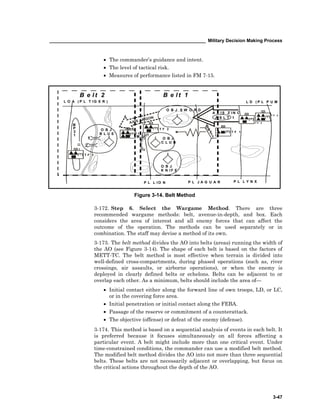 ____________________________________________________________ Military Decision Making Process
3-47
• The commander’s guidance and intent.
• The level of tactical risk.
• Measures of performance listed in FM 7-15.
Figure 3-14. Belt Method
3-172. Step 6. Select the Wargame Method. There are three
recommended wargame methods: belt, avenue-in-depth, and box. Each
considers the area of interest and all enemy forces that can affect the
outcome of the operation. The methods can be used separately or in
combination. The staff may devise a method of its own.
3-173. The belt method divides the AO into belts (areas) running the width of
the AO (see Figure 3-14). The shape of each belt is based on the factors of
METT-TC. The belt method is most effective when terrain is divided into
well-defined cross-compartments, during phased operations (such as, river
crossings, air assaults, or airborne operations), or when the enemy is
deployed in clearly defined belts or echelons. Belts can be adjacent to or
overlap each other. As a minimum, belts should include the area of—
• Initial contact either along the forward line of own troops, LD, or LC,
or in the covering force area.
• Initial penetration or initial contact along the FEBA.
• Passage of the reserve or commitment of a counterattack.
• The objective (offense) or defeat of the enemy (defense).
3-174. This method is based on a sequential analysis of events in each belt. It
is preferred because it focuses simultaneously on all forces affecting a
particular event. A belt might include more than one critical event. Under
time-constrained conditions, the commander can use a modified belt method.
The modified belt method divides the AO into not more than three sequential
belts. These belts are not necessarily adjacent or overlapping, but focus on
the critical actions throughout the depth of the AO.
O B J
B L U E
L D ( P L P U ML O A ( P L T I G E R )
O B J
K N I F E
P L L Y N XP L L I O N
O B J S W O R D
O B J
C L U B
M E
P L J A G U A R
A X I S Z I N C
B
P
3
1
-
T F 2
T F 3
T F 1
T F 3
T F 1
T F 2
S
B
F
1
-
1
A S L T 1
B e l t 2 B e l t 1
 