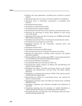 FM 5-0 ___________________________________________________________________________________
3-52
• Refining the task organization, including forces retained in general
support.
• Identifying tasks the unit retains and tasks assigned to subordinates.
• Allocating assets to subordinate commanders to accomplish their
missions.
• Developing decision points.
• Developing a synchronization matrix.
• Developing decision support template.
• Estimating the duration of the entire operation and each critical event.
• Projecting the percentage of enemy forces defeated in each critical
event, and overall.
• Identifying likely times and areas for enemy use of WMD and friendly
NBC defense requirements.
• Identifying the potential times or locations for committing the reserve.
• Identifying the most dangerous enemy COA.
• Identifying locations for the commander, command posts, and
INFOSYS nodes.
• Identifying critical events.
• Identifying requirements for BOS support.
• Determining requirements for military deception and surprise.
• Refining C2 requirements, including control measures and updated
operational graphics.
• Refining CCIR and IR—including the LTIOV—and incorporating them
into the ISR plan and Information Management plans.
• Developing the ISR plan and graphics.
• Developing IO objectives and tasks (see FM 3-13).
• Developing fire support, engineer, air defense, IO, and CSS plans and
graphic control measures.
• Identifying the effects of friendly and enemy action on the civilian
population and infrastructure, and how these will affect military
operations.
• Identifying or confirming the locations of NAIs, TAIs, decision points,
and IR needed to support them.
• Determining the timing for concentrating forces and starting the
attack or counterattack.
• Determining movement times and tables for critical assets, including
INFOSYS nodes.
• Identifying, analyzing, and evaluating strengths and weaknesses of
each COA.
• Integrating targeting into the operation, to include identifying or
confirming high-payoff targets and establishing attack guidance.
• Identifying hazards, assessing their risk, developing controls for them,
and determining residual risk.
 