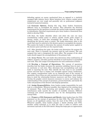 __________________________________________________________________ Troop Leading Procedures
4-11
defending against an enemy mechanized force as opposed to a similarly
equipped light infantry force). Below battalion level, relative combat power
comparisons are very rough and generally rely on professional judgment
instead of numerical analysis.
4-35. Generate Options. During this step, Army leaders brainstorm
different ways to accomplish the mission. They determine the doctrinal
requirements for the operation to include the tactical tasks normally assigned
to subordinates. Doctrinal requirements give Army leaders a framework from
which to develop COAs.
4-36. Next, the leader identifies where and when the unit can mass
overwhelming combat power to achieve specific results (with respect to
terrain, enemy, or time) that accomplish the mission. They do this by
identifying the decisive point or points. The leader determines what is the
result that must be achieved at the decisive points to accomplish the mission.
This assists the leader in determine the amount of combat power applied at
the decisive point and what are the required tasks.
4-37. After identifying the tasks, the leader next determines the purpose for
each task. There is normally one primary task for each mission. The unit
assigned this task is designated the main effort. The purpose of the other
tasks should support the accomplishment of the primary task.
4-38. Array Forces. The unit leader then determines what combinations of
soldiers, weapons, and other systems should be at each location to accomplish
each task. They also assign C2 headquarters for each combination of forces.
4-39. Develop a Concept of Operations. The concept of operations
describes how the leader envisions the operation unfolding, from its start to
its conclusion or end state. They determine how accomplishing each task
leads to executing the next. They identify the best ways to use available
terrain and how best to employ unit strengths against enemy weaknesses.
Fire support considerations make up an important part of the concept of
operations. Even if fires are only executed in case of emergency, Army leaders
keep in mind the relationship between maneuver and fires. Army leaders
develop the graphic control measures necessary to convey and enhance the
understanding of the concept of operations, prevent fratricide, and clarify the
tasks and purposes of the decisive and shaping operations.
4-40. Assign Responsibilities. Army leaders assign responsibility for each
task to a subordinate. Whenever possible, they depend on the existing chain
of command. They avoid fracturing unit integrity unless the number of
simultaneous tasks exceeds the number of available elements. Different
command and control arrangements may be the distinguishing feature
among COAs.
4-41. Prepare a COA Statement and Sketch. Army leaders base the COA
statement on the concept of operations for that COA. The COA statement
focuses on all significant actions, from the start of the COA to its finish.
Whenever possible, Army leaders prepare a sketch showing each COA.
Another useful technique is to show the time it takes to achieve each
movement and task in the COA sketch. Doing this helps gain an appreciation
 